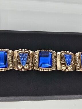 1940's Vintage Cobalt Glass And Sterling Silver Taxco Bracelet